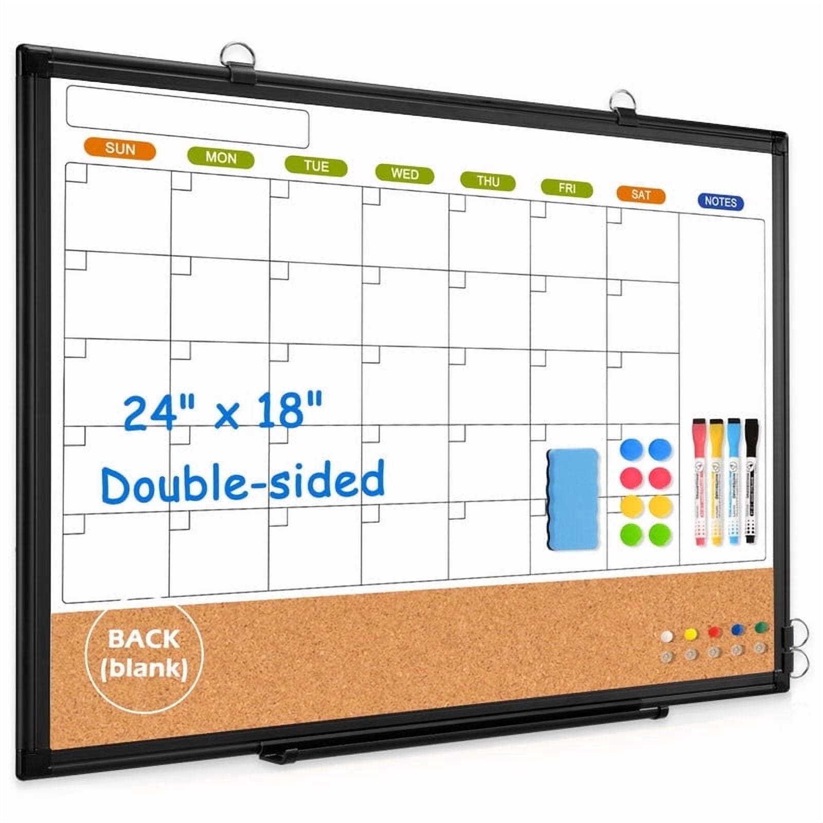 DOLLAR BOSS Monthly Dry Erase Calendar Whiteboard Calendar Cork Board Combo 24" x 18" Calendar Bulletin Board Double-Sided Dry Erase Board for Wall with 4 Markers 4 Magnets 10 Pins, Black Frame