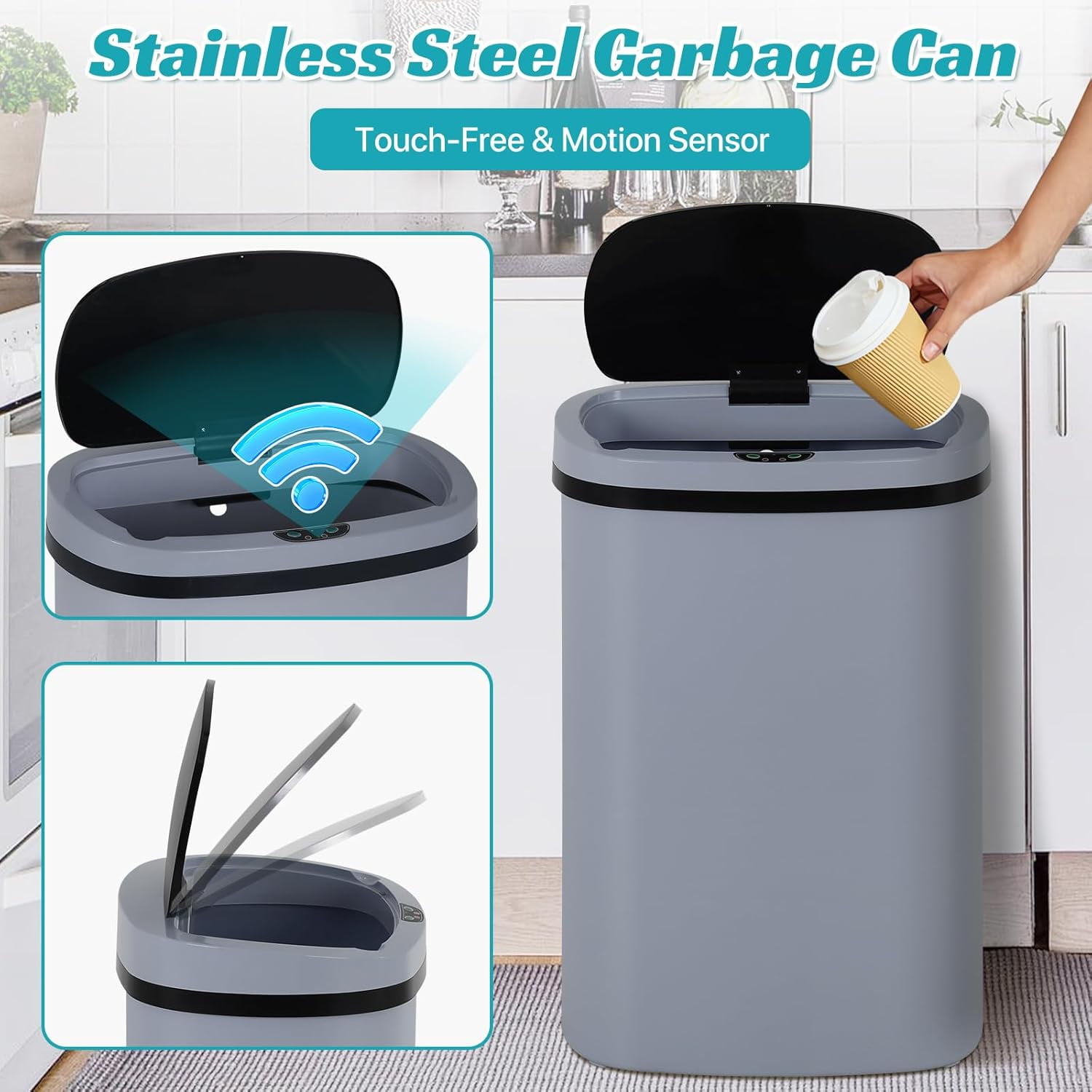 Dkelincs 13 Gallon Automatic Trash Can with Motion Sensor 49L Touchless Kitchen Garbage Can with Removable Lid, Waterproof for Home Bathroom, Gray