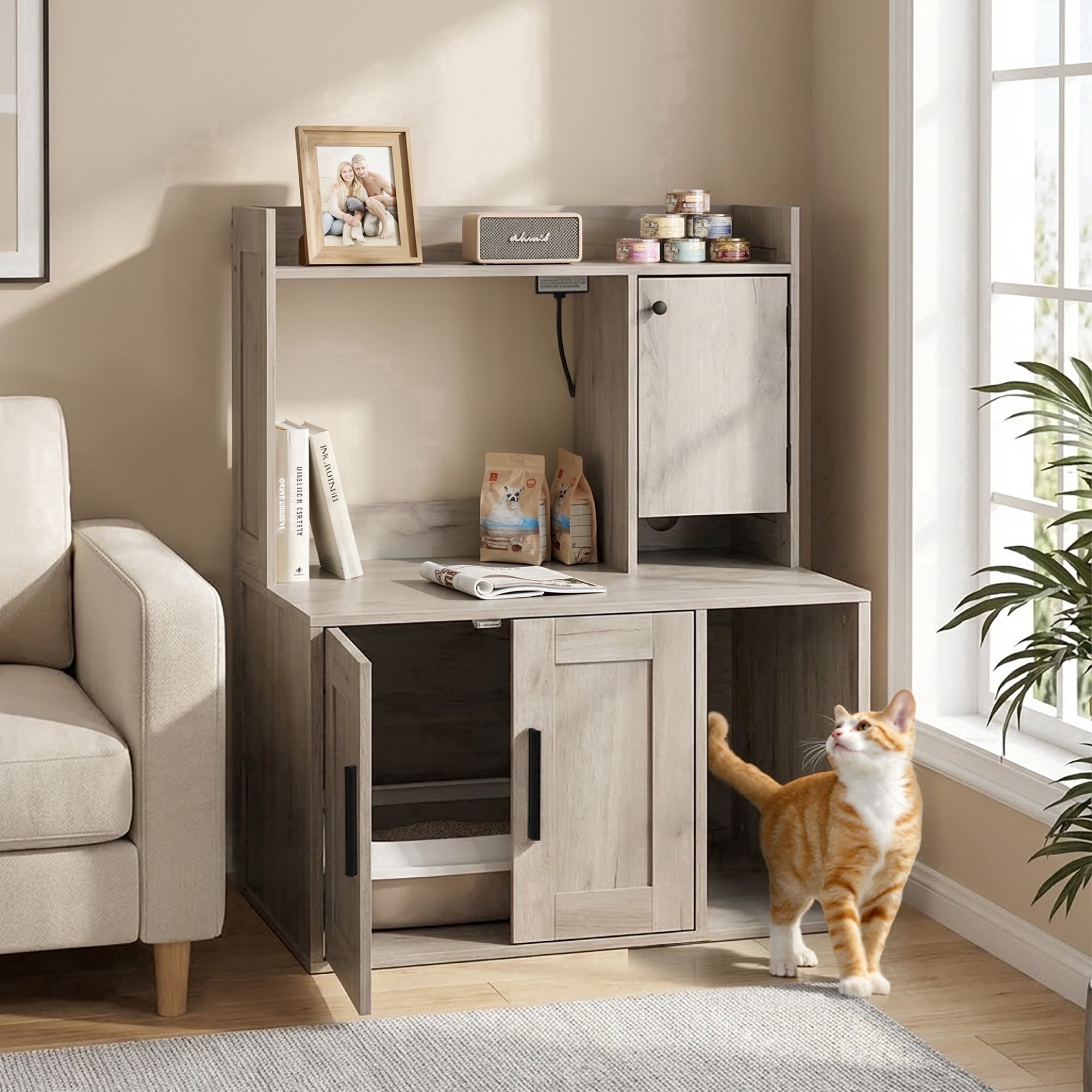 Whifea Hidden Cat Litter Box Enclosure Cabinet with Power Strip, Shelves & Storage, Pet Feeding Station Furniture