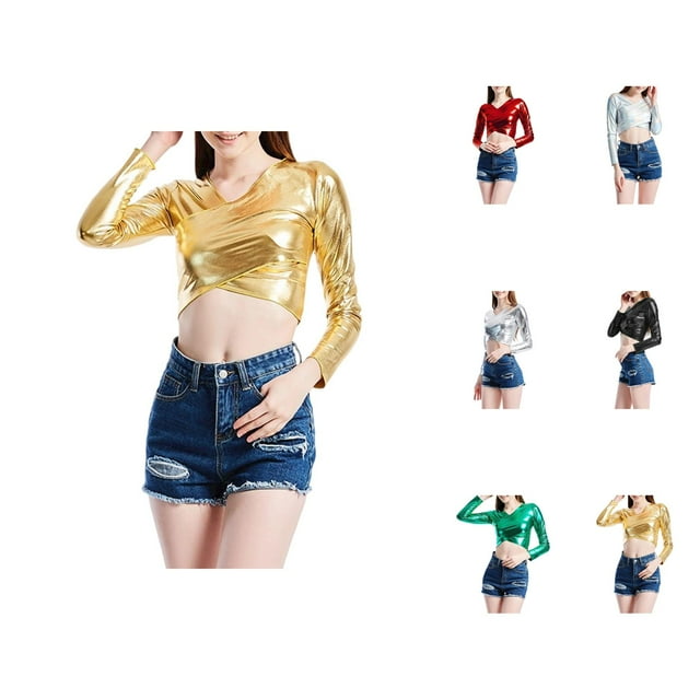 Hauts Métalliques pour Femmes 2026 Tendance Manches Longues Col en V T-Shirt Court Ajusté Y2K Sortie Tenues Rave