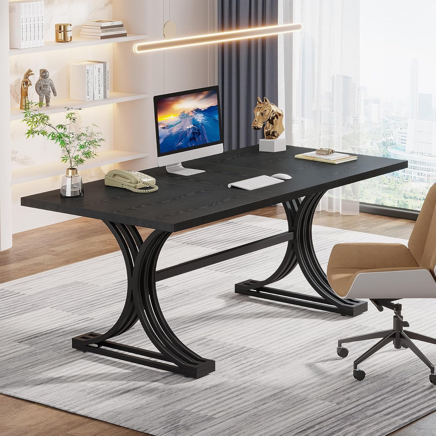 Tribesigns 63'' Executive Desk, Rustic Computer Desk with Gray Tabletop and Stylish Metal Legs
