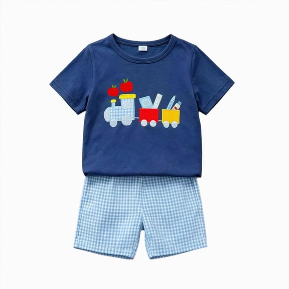 mgoYE Toddler Baby Boy Back To School Outfits Embroidery Short Sleeve T-shirt Shorts Clothes(Blue,4-5 Years)
