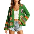 thumbnail image 3 of Otvok Long Sleeve Boho Crochet Sweater Cover Up, Women Granny Square Floral Open Front Hollow Knit Cropped Cardigan, 3 of 7
