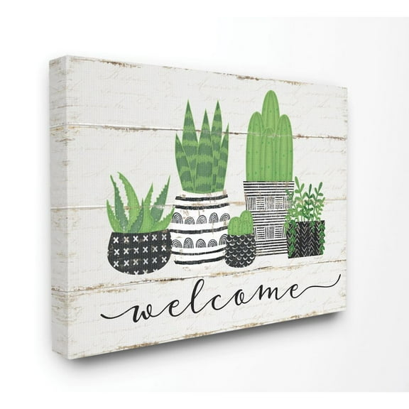 Stupell Industries Welcome Cacti Succulents Wood Textured Design Graphic Art Gallery-Wrapped Canvas Print Wall Art, 16x20, by Jennifer Pugh