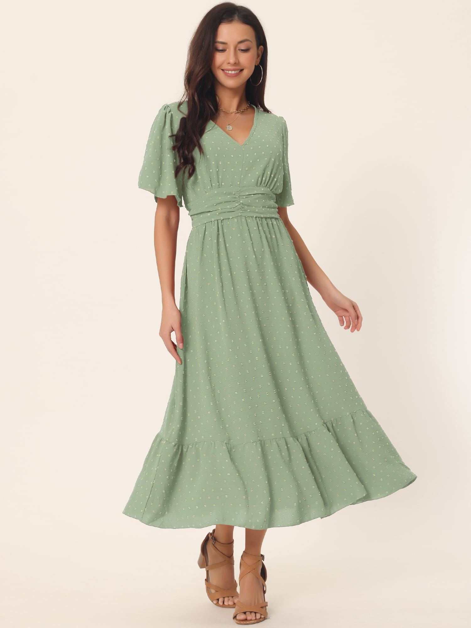DARING DIVA Women's Swiss Dots Ruffle Midi Dresses L Light Green