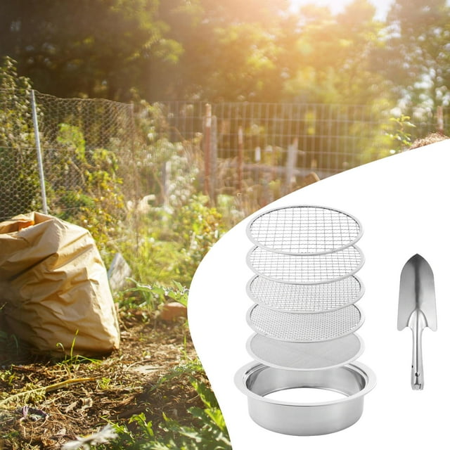 Juego de tamices de tierra con mallas de tamiz. Tamices de tierra de malla. Tamices de jardín para jardinería y cribado de plantas. Pala plateada de 5 mallas