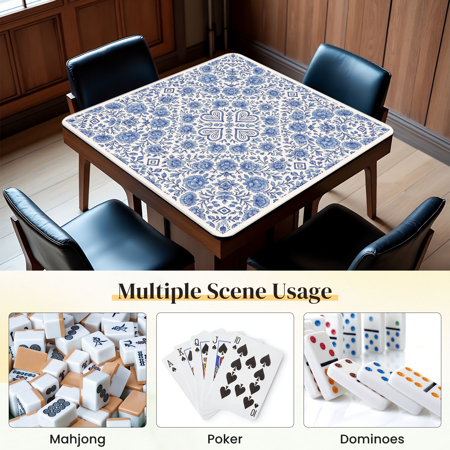 Mahjong Mat 31.5" x 31.5" Blue Floral Vintage Ornamental Heart Motif Anti-Slip and Noise Reduction Symmetry Design Mahjong Tiles Table Cover for Dominoes Poker Card Board and Tile Games