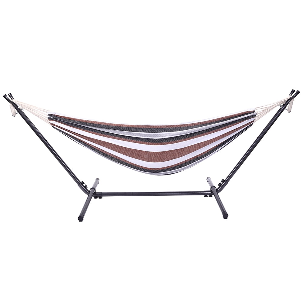 Professional Black Silver Flowers Steel Hammock Stand with Polyester Coffee Stripe Hammock 250LBS Weight Capacity Portable Hammock Set with Handbag & Manual for Outdoor Indoor Use