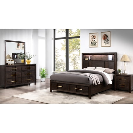 Modern Queen Bedroom Furniture 4pc - Led Headboard Wood Convenient Dresser Ensemble Walnut Finish Construction Headboard