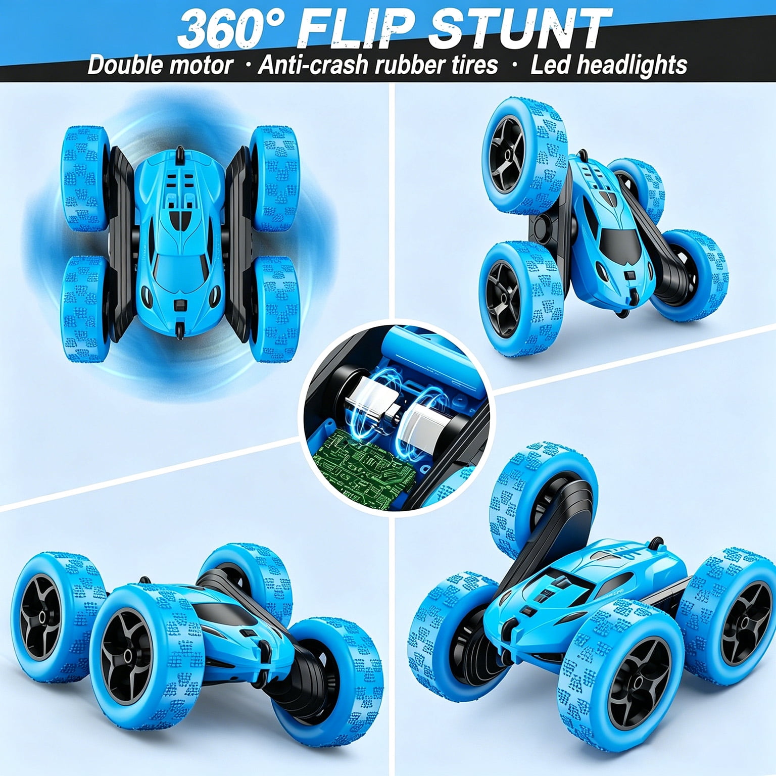 HNH Remote Control Stunt Car, 4WD 360° Flip Double‑Sided RC Cars Toys for Kids Ages 4-12, 2 Batteries, Blue