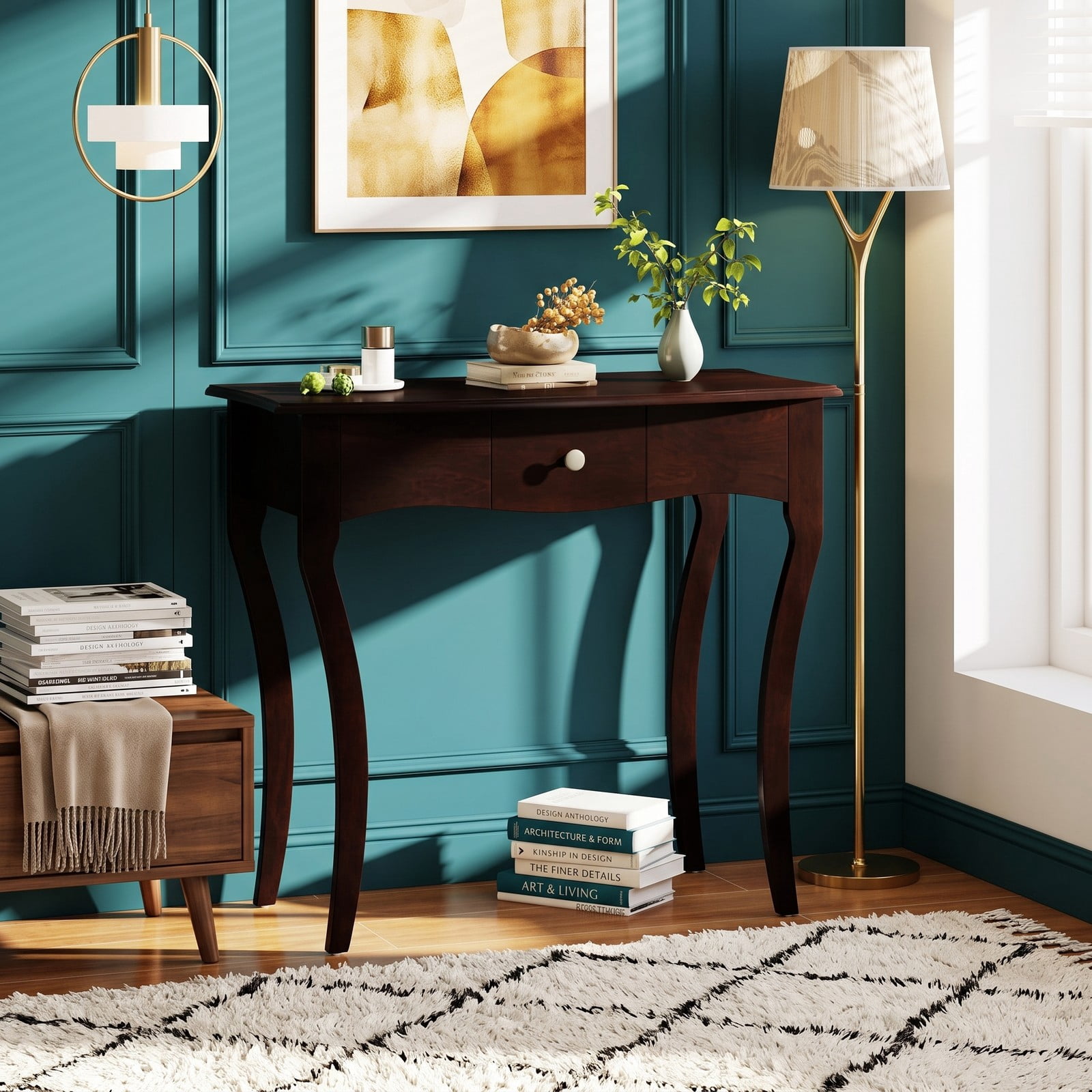 Furnibear Console Table with Storage Drawer and Solid Wood Frame and Curved Cabriole Legs for Entryway and Hallway, Espresso