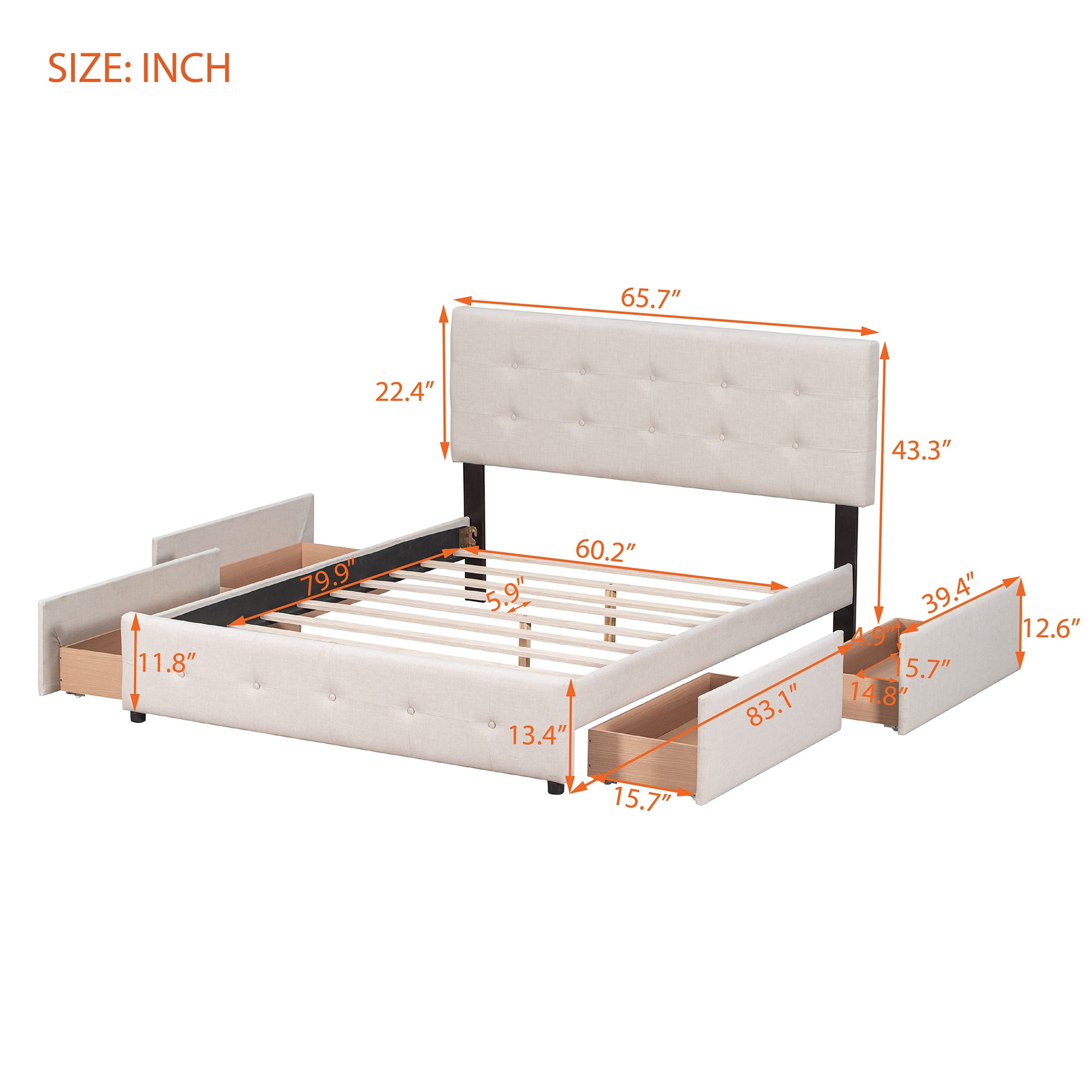 PAPROOS Queen Platform Bed Frame with Storage, Upholstered Platform Bed with Tufted Button Headboard and 4 Drawers, No Box Spring Needed, Queen Size Bed Frame for Adults, Beige