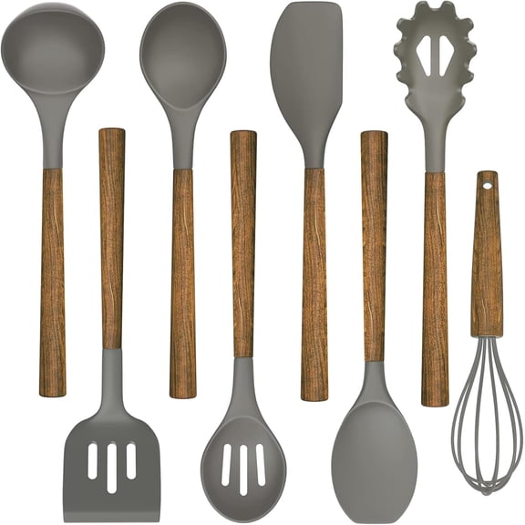 Kitchen Cooking Utensils Set, 12 pcs Non-Stick Silicone Cooking Kitchen Utensils Spatula Set with Holder, Wooden Handle Silicone Kitchen Gadgets Utensil Set