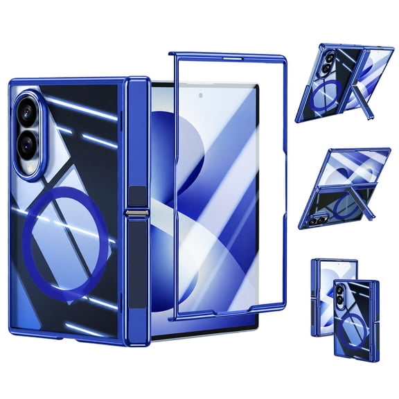 Dteck Case with Front Tempered Glass Screen Protector for Samsung Galaxy Z Fold 8,Shockproof PC Hinge Protection Compatible with Mag Safe Case Kickstand Cover, Blue