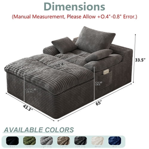 Leumius Oversized Chaise Lounge Chair Indoor,Corduroy Upholstered Sofa Bed with Deep Seat,Cozy Lounge Chair Sleeper Sofa for Living Room,Bedroom,No Assembly Required,Dark Gray