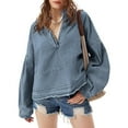 thumbnail image 6 of Lovskoo Womens Denim Tops Pullover Trendy Casual V Neck Loose Fit Puff Sleeve Jean Cotton Shirts Blue, 6 of 9