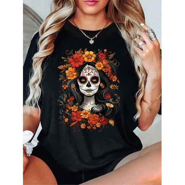 Women's Floral & Figure Print Round Neck Tee,Vintage 9os Graphic Tees, Fashion Casual Short Sleeve crew neck T-shirt for Daily Wear, Ladies Summer Clothes, Tops 2000s Cotton Womenswear