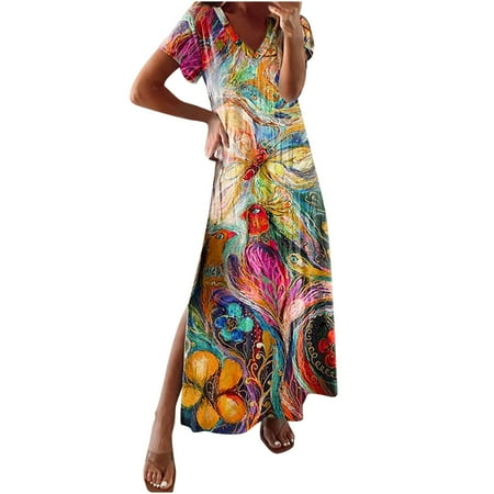 

Sexy Fall Dresses for Women 2022 Corset Dress for Women Fashion Women Summer Casual V-Neck Froral Printing Short Sleeve Loose Dress Winter Dresses for Women 2022 Yellow S