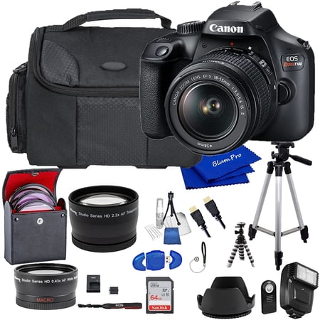 Canon EOS Rebel T100 DSLR Camera with Canon EF-S 18-55mm F/3.5-5.6 III Lens, BlumPro Bundle Includes 64 GB SanDisk Memory Card, Tripods, Flash, Bag, Filters and More