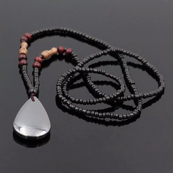 QQTDFG Hematite Teardrop Shaped Pendant Black Bead Chain Men's Unisex Necklace-default