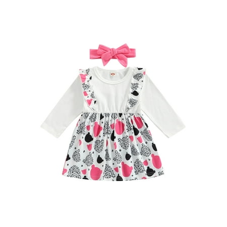

Calsunbaby Toddler Girls Fake Two-Piece Dress with Bow Headband Cartoon Animal Head Print Long Sleeve A-Line Strap Dress White 3-4 Years