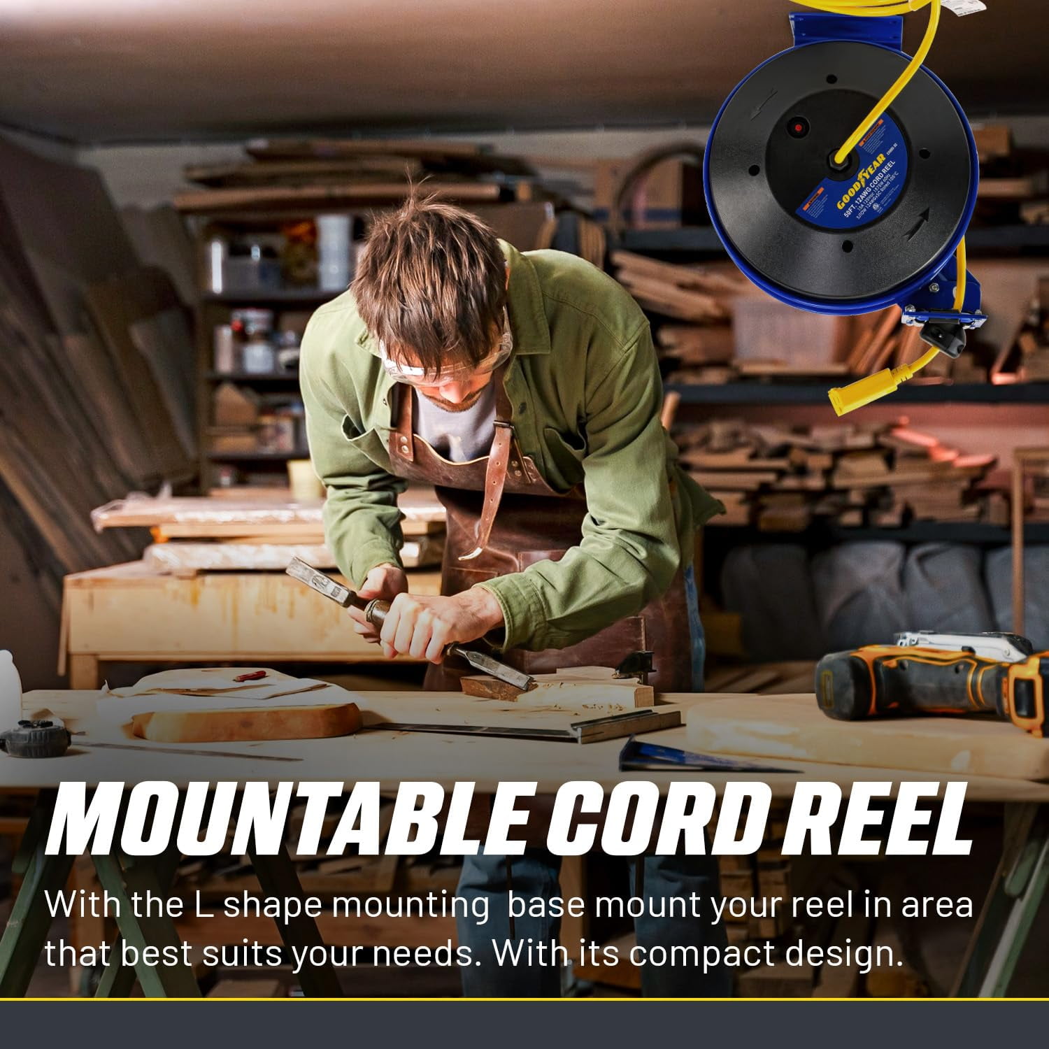 Goodyear Extension Cord Reel Retractable 12AWG x 80' Feet 3C SJTOW Cable Triple Tap Connector Power Rating 125 Volt AC 13 Amp 1625 Watt Industrial Steel Single Arm