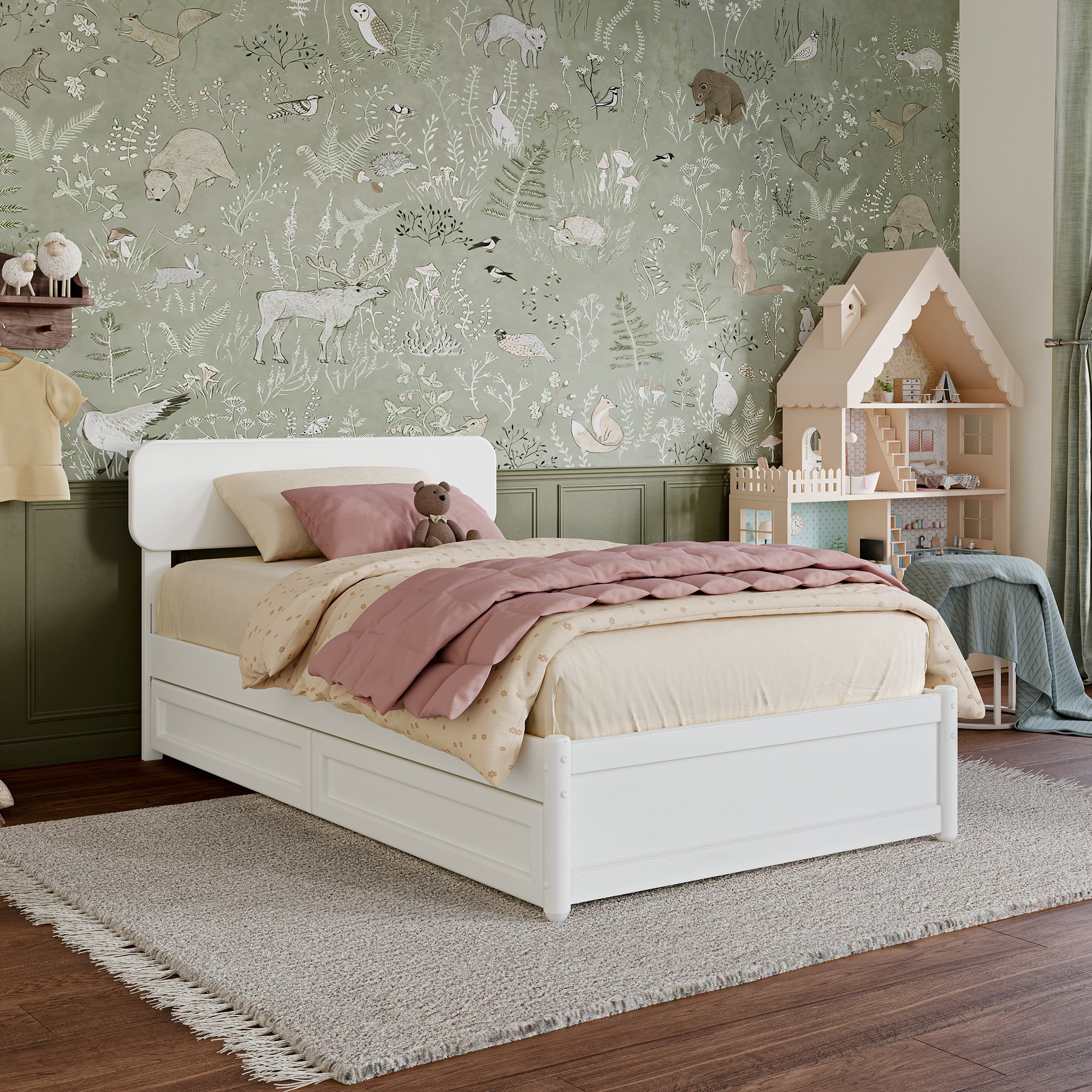 AFI Capri Twin Solid Wood Platform Bed with Panel Footboard and Storage Drawers, White