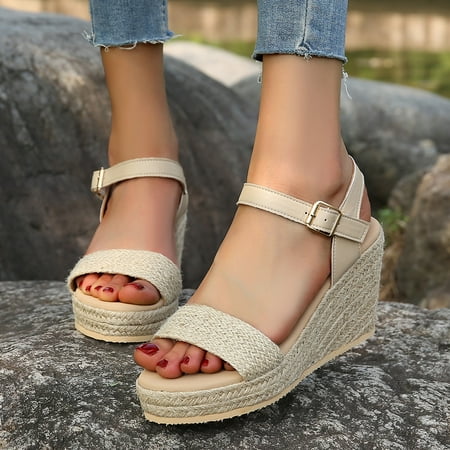 

Women‘s Platform Wedge Sandals Ankle Strap Straw Wedge Sandals