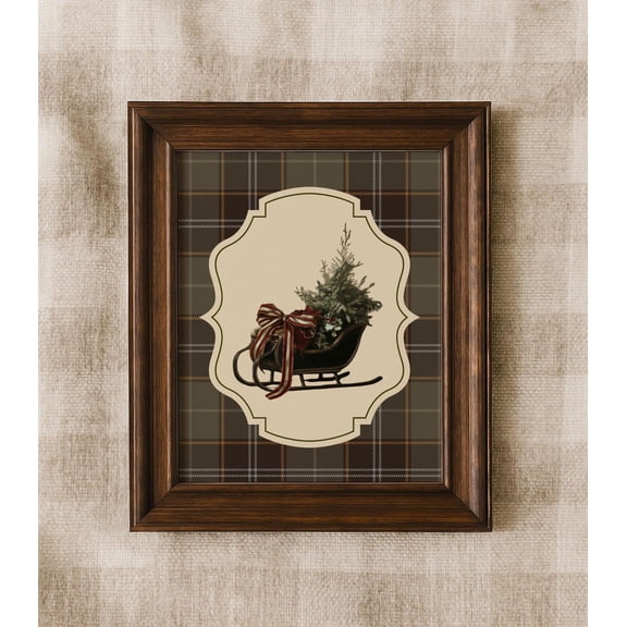 Green Plaid Christmas Sleigh Wall Art Print, Red Bow And Festive Holiday Decor
