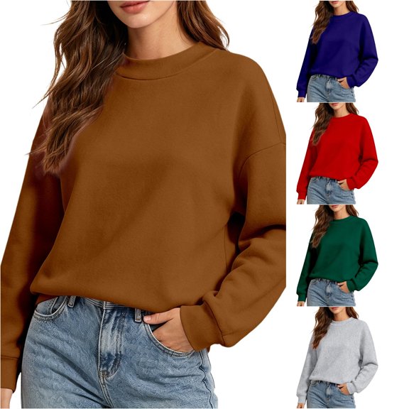CUZIBR Womens Sweatshirt Solid Color Crew Neck Candy Style Loose Fitting Casual Long Sleeved Pullover Tops Oversized Sweatshirts Fall Winter Clothes,Brown