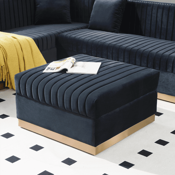 Contemporary Vertical Channel Tufted Velvet Big Ottoman for Living Room Apartment - Black,Sturdy & Luxurious