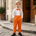 thumbnail image 4 of QTBIUQ Toddler Boys Three-Piece Suit Set Cotton Turn-Down Collar Shirt and Suspender Pants Formal Outfit Set with Bow Tie, 4 of 9