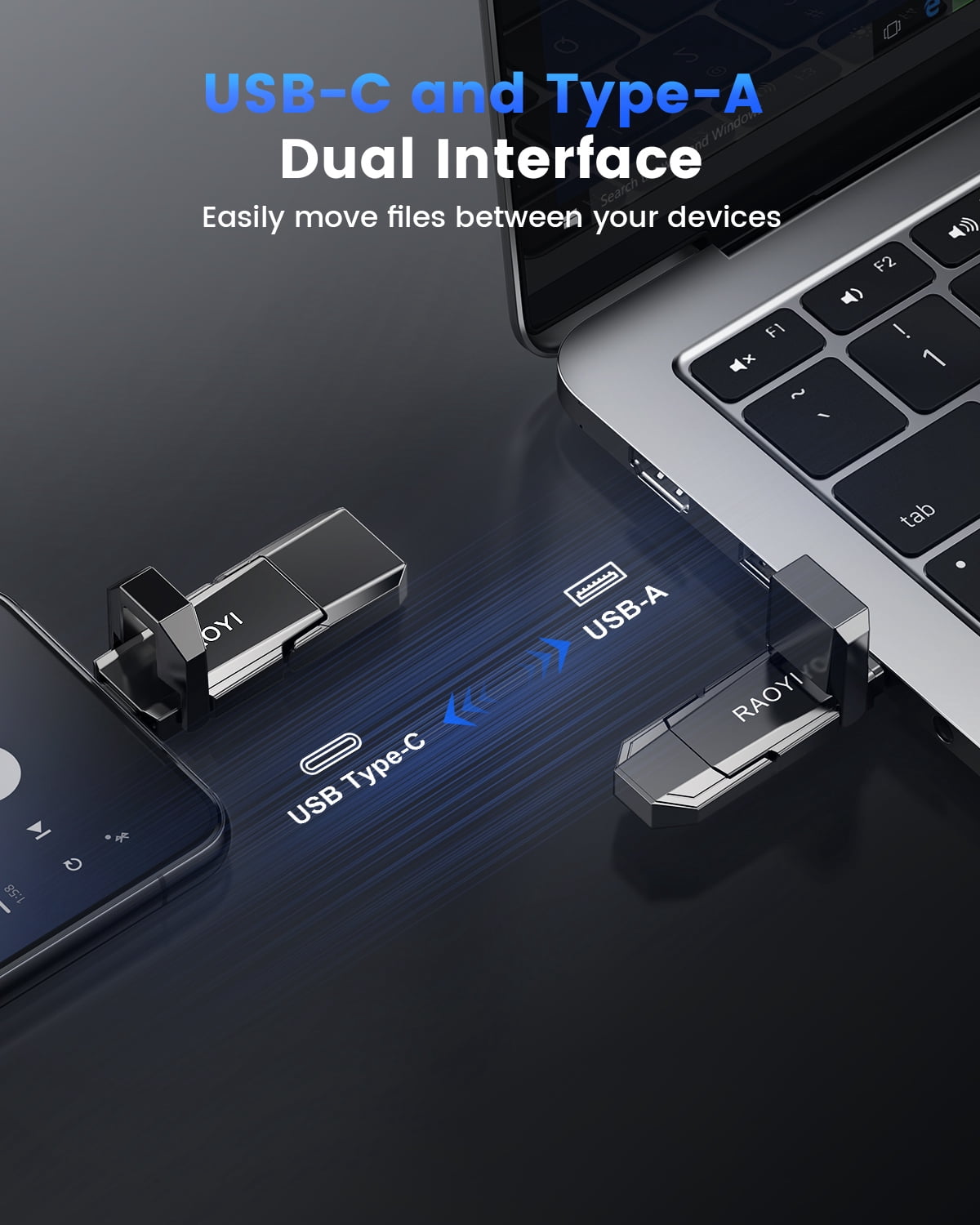 RAOYI 64GB USB 3.2 Gen1 External SSD Dual USB A + Type-C up to 450MB/s , 2-in-1 Hard Drive Portable SSD for iPhone 15/16/17