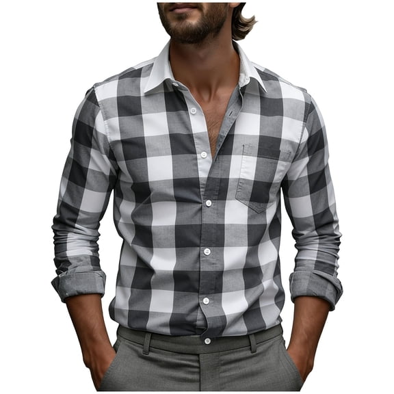 Stamzod Men's Shirts Turndown Long Sleeve Plaid Button Down Shirt Men Dressy Casual Work Shirt Plus Size Clothes Black Q XXL