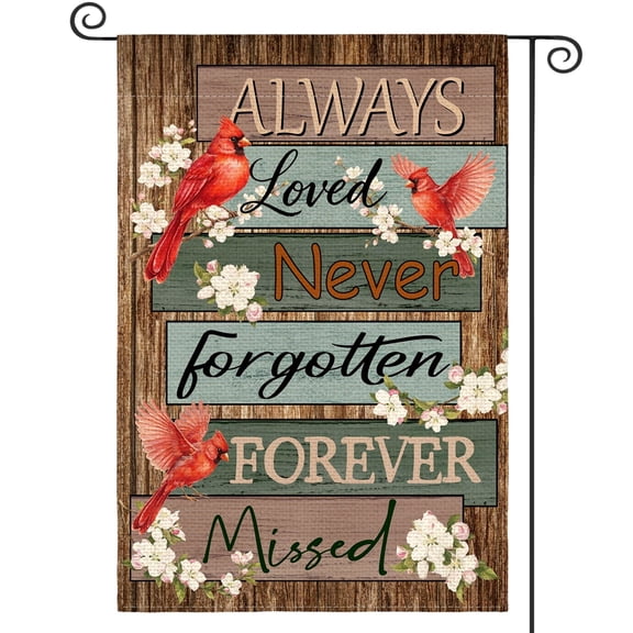 Sm:)e Northern Cardinal Always Loved Forever Wooden Garden Flag 12 x 18 Inch, Double-Sided Printing, Outdoor Welcome Decor for Yards