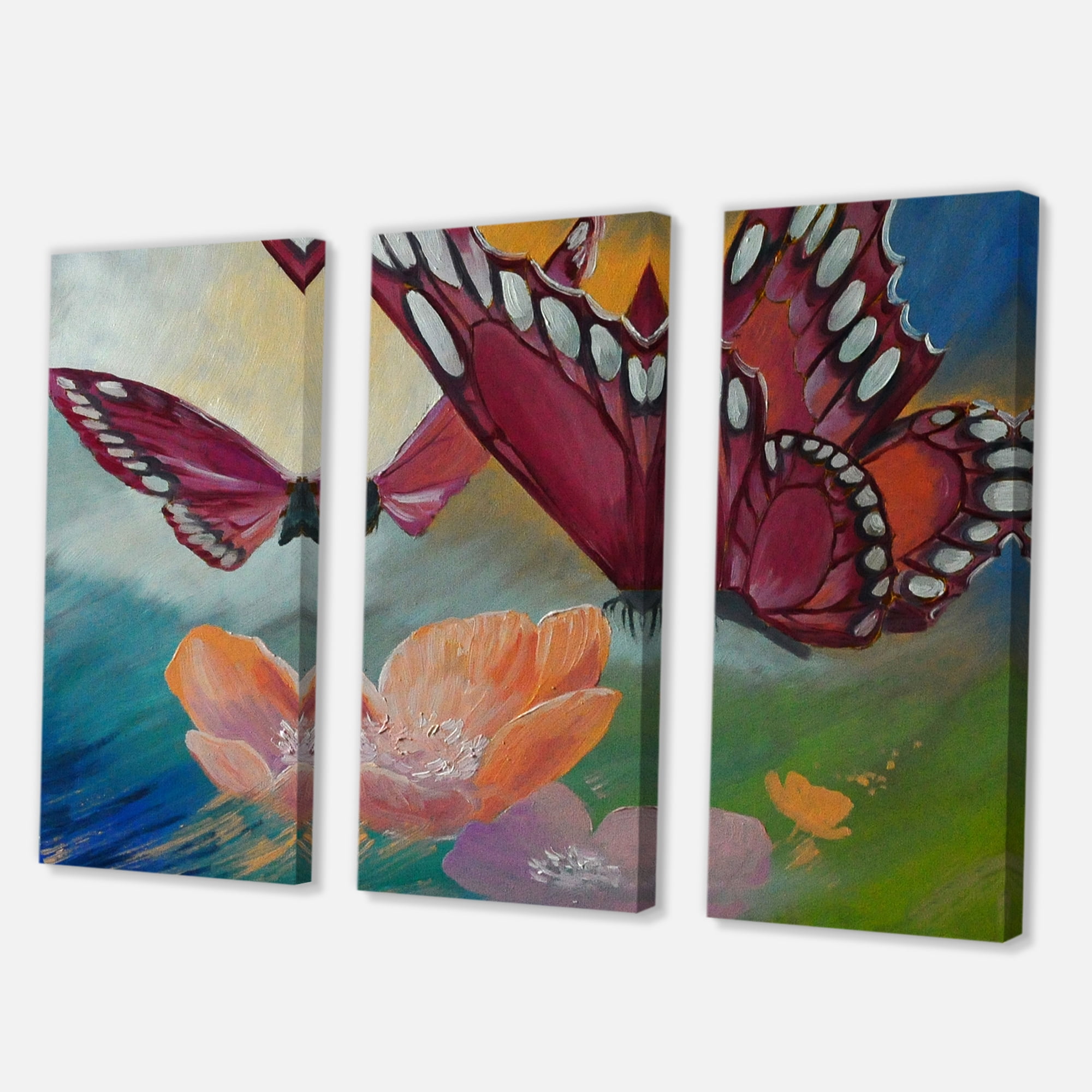 Designart ' Butterflies On Pink Flowers ' Traditional Canvas Wall Art Print