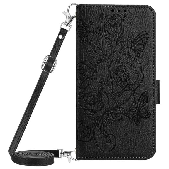 Dteck Magnetic Wallet Crossbody Case for iPhone 16 Pro Max,Flower Pattern Leather RFID Blocking Card Slots Cash Pocket Case Shockproof Kickstand Cover with Shoulder Strap/Wrist Strap,Black