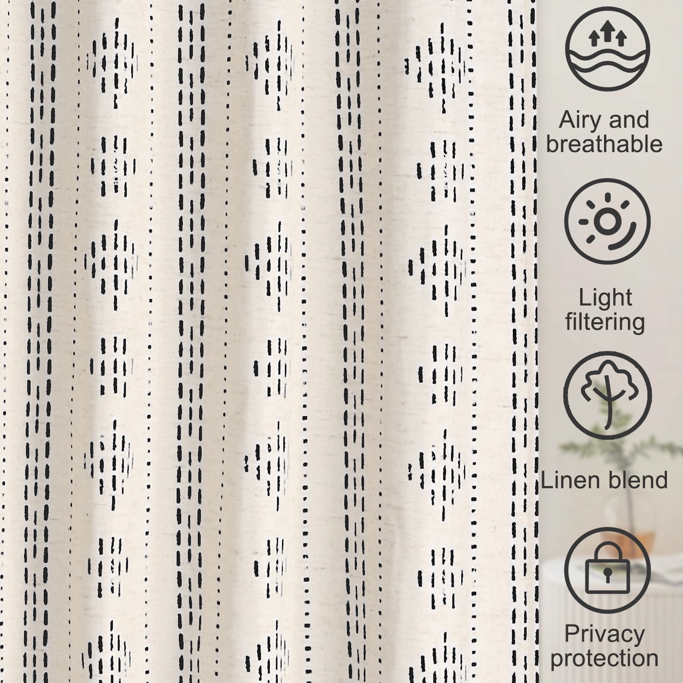 Alishomtll Boho Farmhouse Curtains Linen Light Filtering Black Geometric Striped Window Drapes ,52"x84", 2 Panels