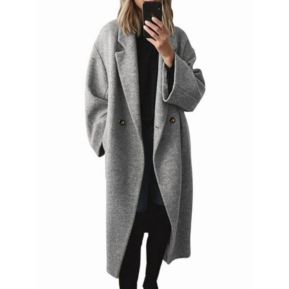 Katigan Women'S Winter Double Breasted Wool Coat Long Sleeve Notch Lapel Long Trench Coat Gray S