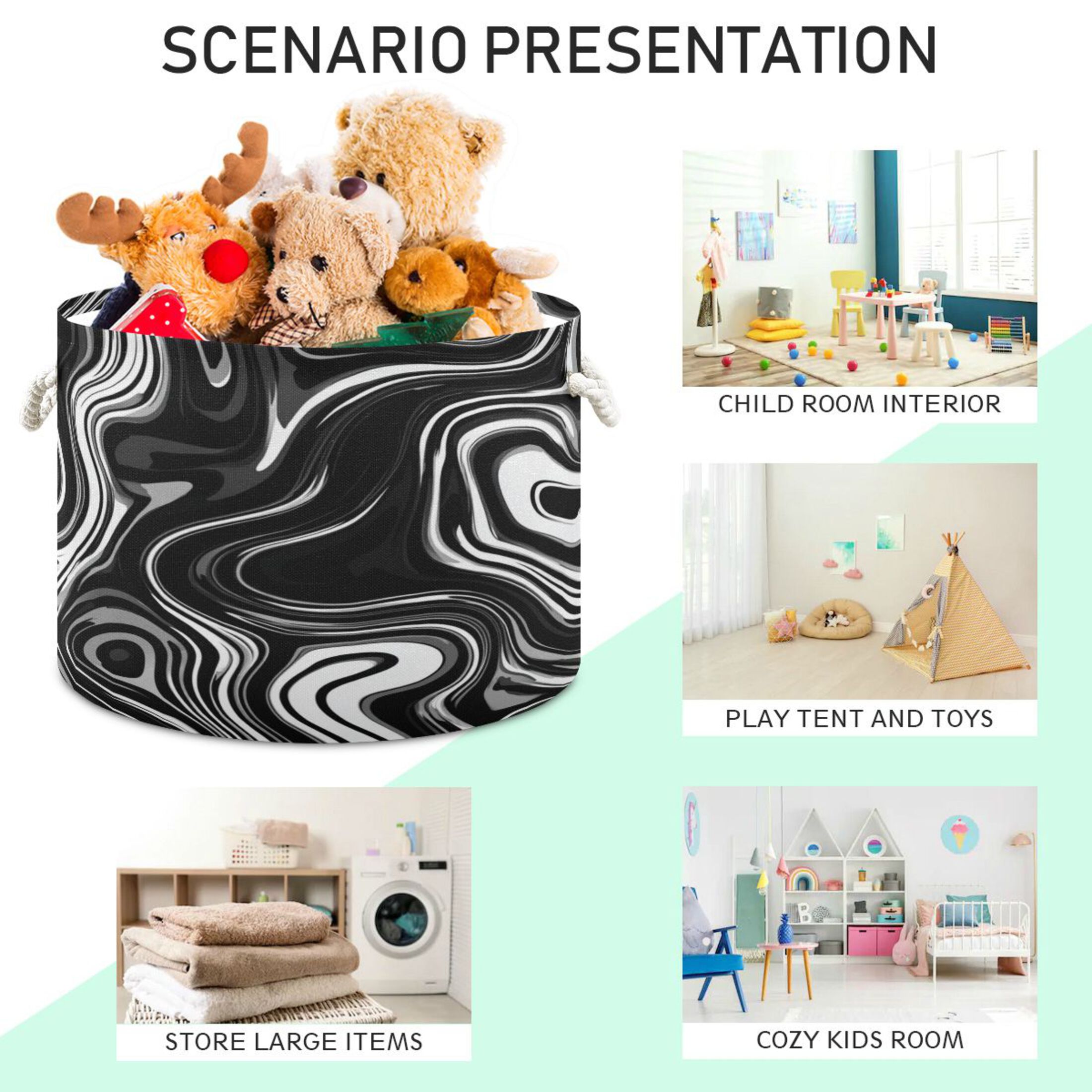 Round Toy Storage Basket Foldable Storage Basket for Home Decor Laundry Basket20" x 14" Matte Black Flowing Lines