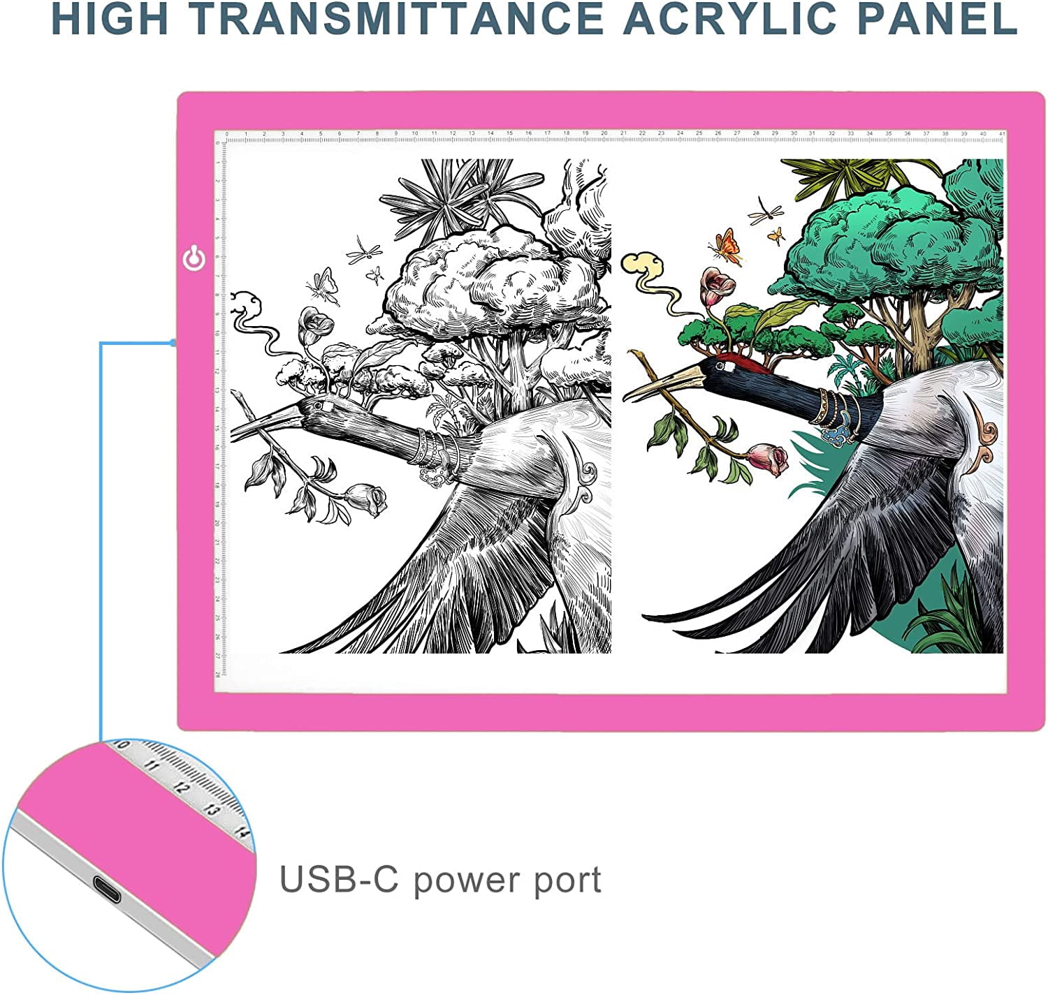 A3 LED Copy Board Light Tracing Box, Ultra-Thin Adjustable USB Power Artcraft LED Trace Light Pad for Tattoo Drawing, Streaming, Sketching, Animation, Stenciling (Pink)