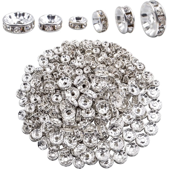Rondelle Spacer Beads, 400 Pieces Round Crystal Rondelle Spacer Charm Beads with Clear Czech Crystal 6mm 8mm 10mm for jewelery Making, Silver Color