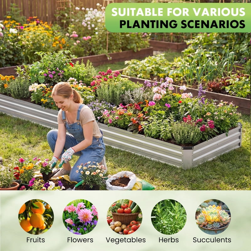 Gianna Metal Raised Garden Bed 2pcs Set, 12x4x1ft Outdoor Planter Box,Raised Garden Beds for Planting Plants Vegetables, Flowers, Silver