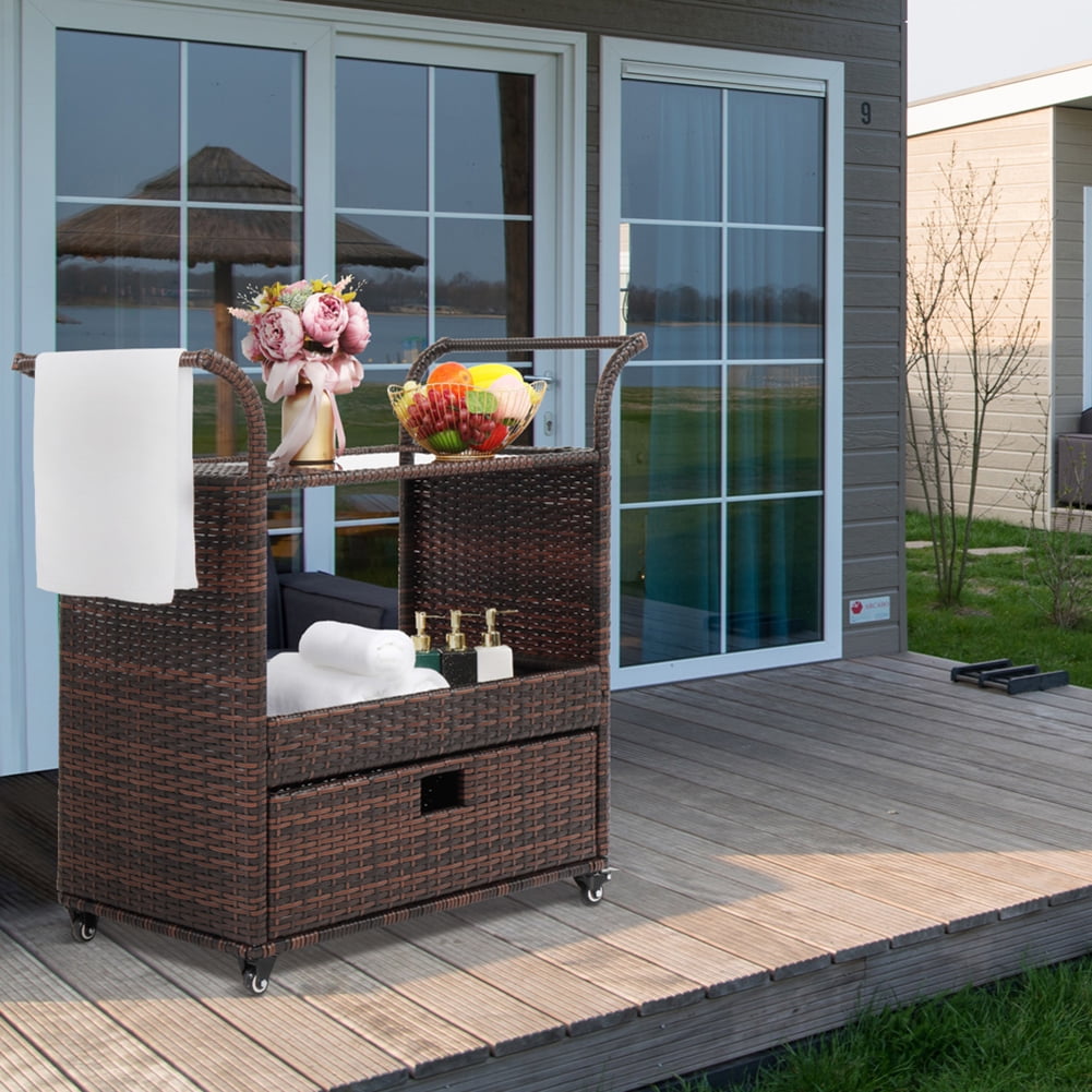 Outdoor Rolling Wicker Bar Cart Sideboard On Wheels with Ice Bucket and Storage Compartments Brown Outdoor Rolling Wicker Bar Cart Sideboard On Wheels with Ice Bucket and Storage Compartments Brown