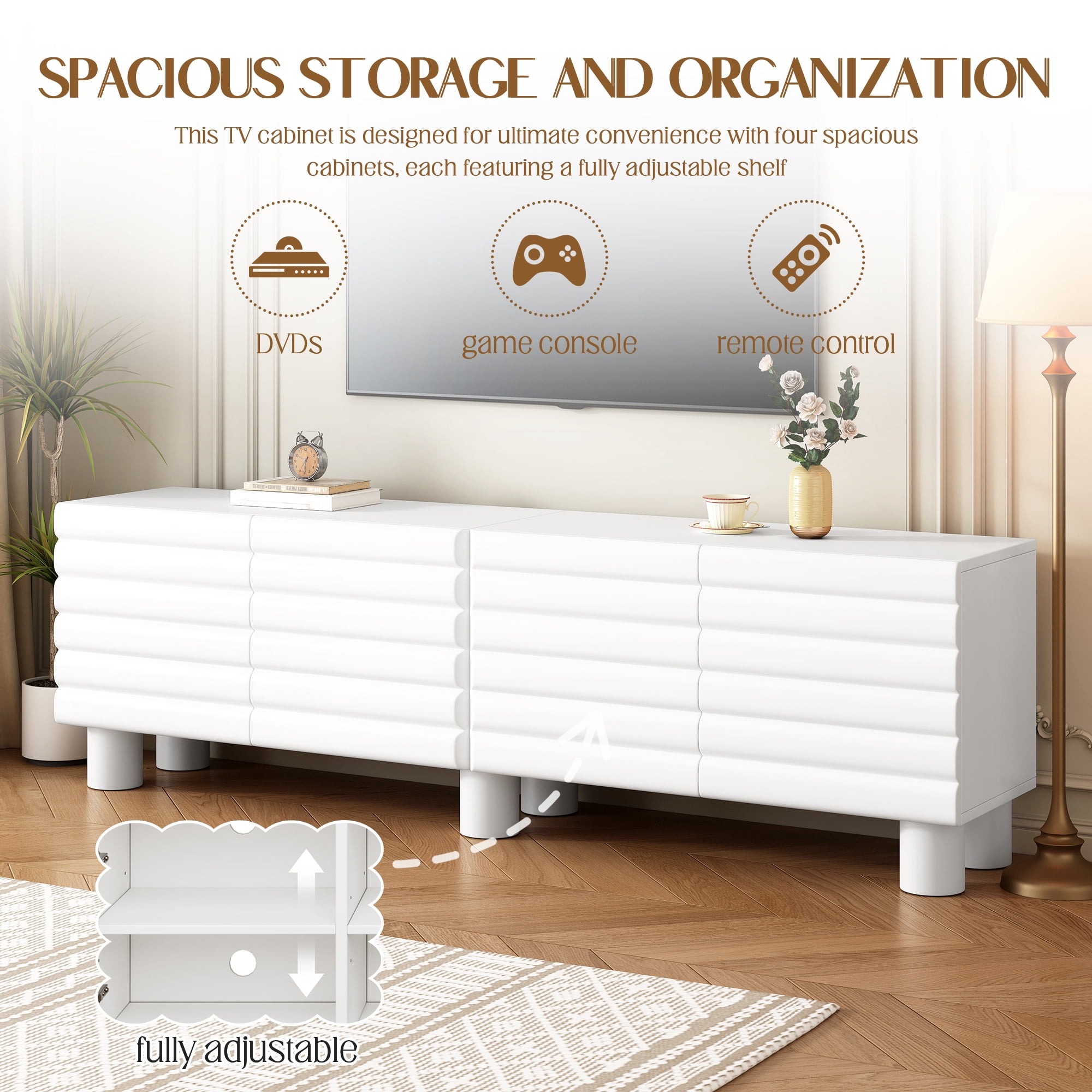Miniyam Stylish Thick Wavy Door TV Cabinet with Adjustable Shelves & 4 Cabinets for TVs Up to 75", Solid Media Console with Cylindrical Legs and Cable Holes for Living Room, White