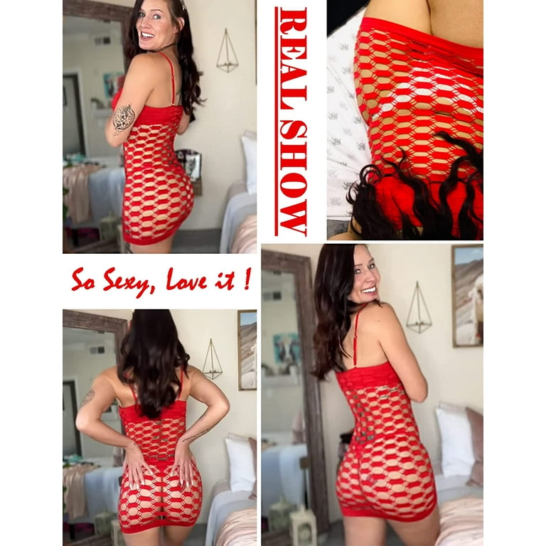 Avidlove Women's Fishnet Lingerie Mesh Hole Strap Chemise Babydoll Mini  Dress 