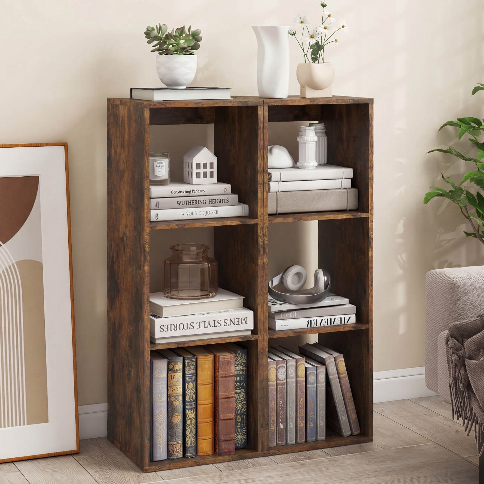 Costway 3-Cube Bookshelf,Modern Vertical Bookcase with Back Guardrail & Anti-tipping Kits Coffee