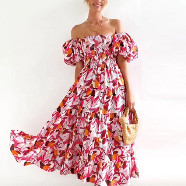 Fashion Puff Sleeve Pleated Beach Dress Sweet Fresh Summer Loose Women Long Dresses Sexy Hollow Off Shoulder Printed Bohe DressL Gao Jinjia LED