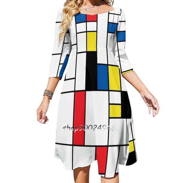 Vestido de escote cuadrado Mondrian Bonitos vestidos holgados con estampados Elegante vestido de fiesta en la playa Patrón Mondrian Divisionista Rojo Azul Amarillo