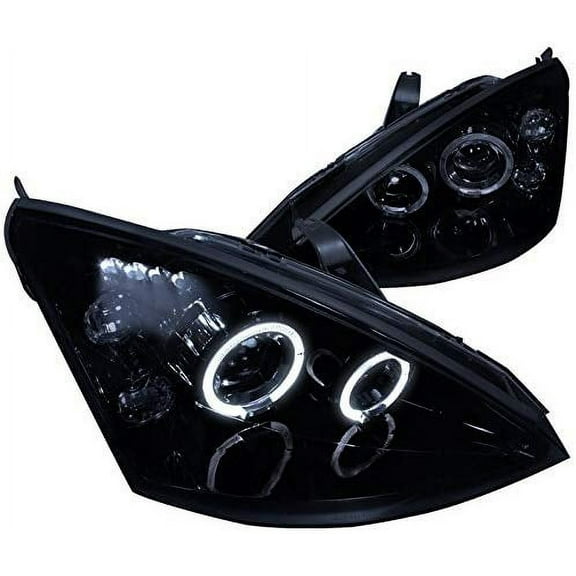 Dual LED Halo Projector Headlight In Gloss Black Housing Smoke Lens Made For And Compatible With 2000 - 2004 Ford Focus 00 01 02 03 04